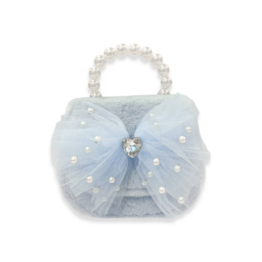 Girls Mesh Bow Furry Purse- Blue