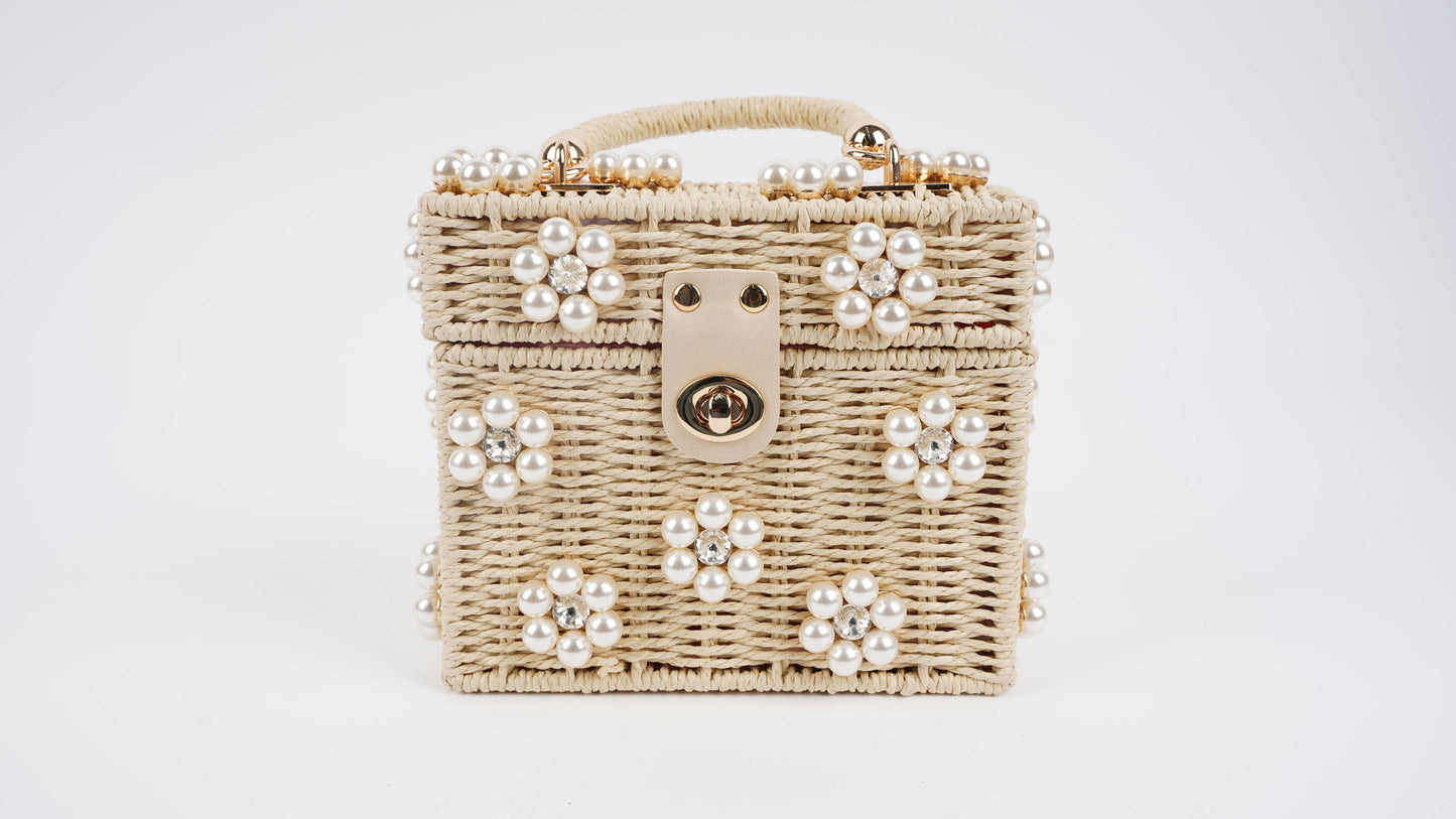 Wicker Bucket Daisy Flower Purse: Cream + Pearl Daisy / Large