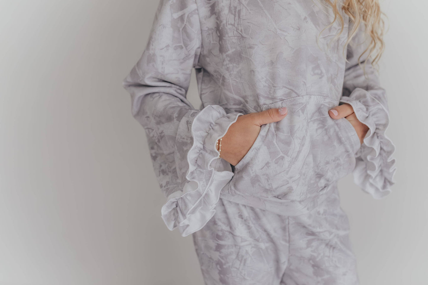 Girls Light Gray Camo Ruffle Lounge Set