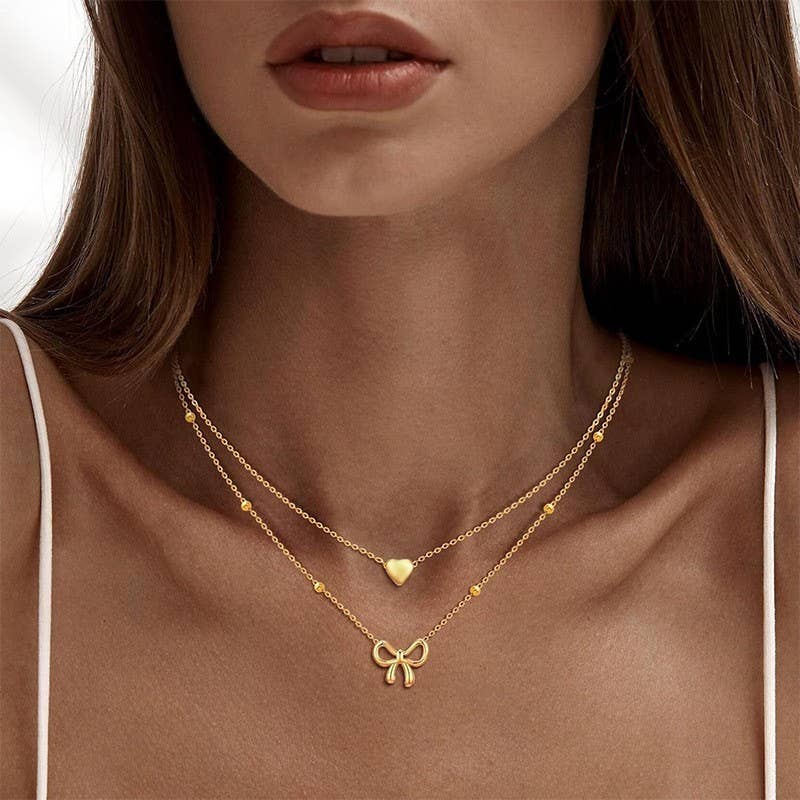 Bow Heart Double Layer Necklace