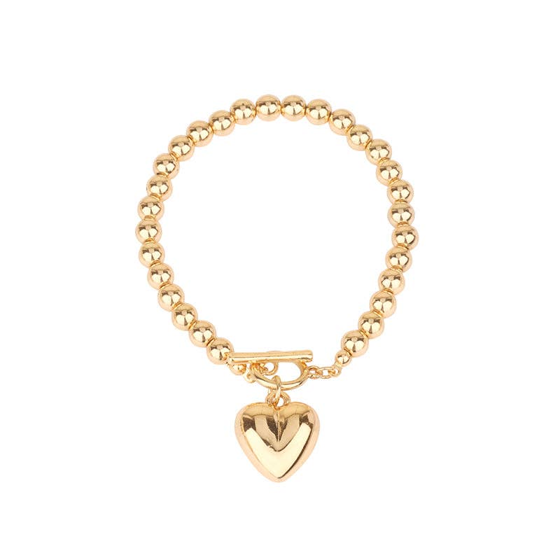 Ball Beads Dangle Heart Toggle Bracelet: Gold