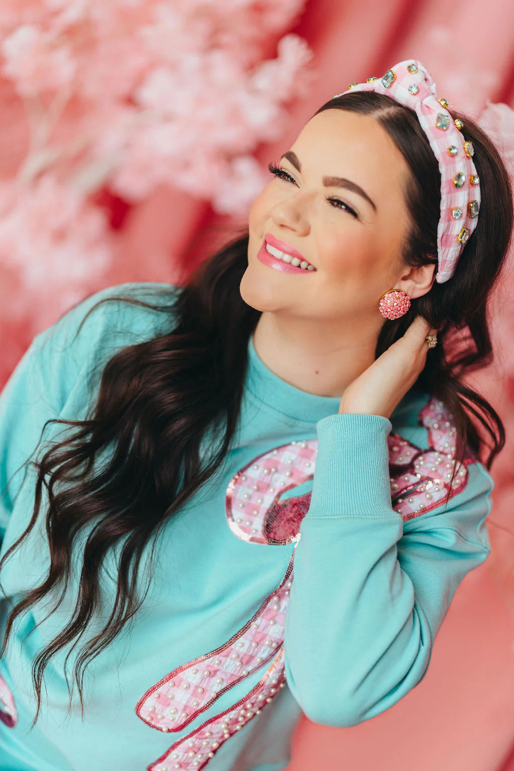BC Headband- Pink Gingham Headband with Robin Egg Blue Crystals