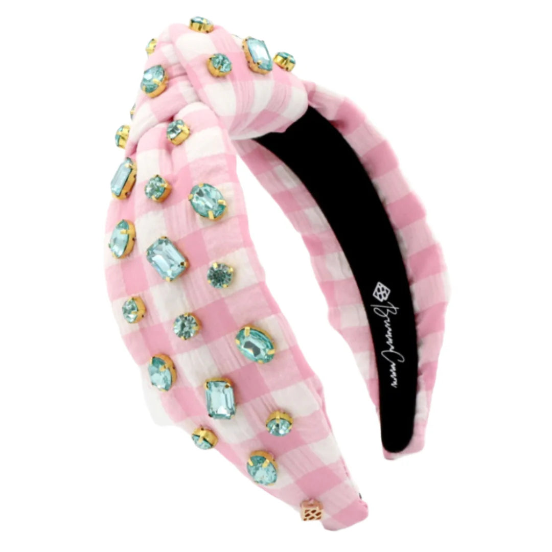 BC Headband- Pink Gingham Headband with Robin Egg Blue Crystals
