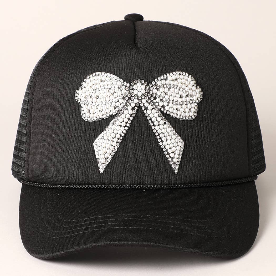 Rhinestone Bow Patch Trucker Hat: Black