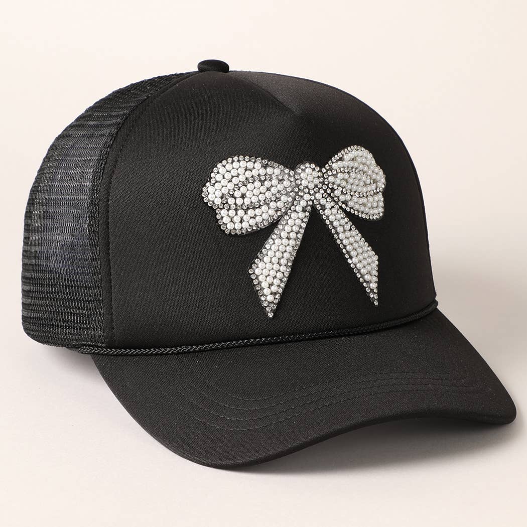 Rhinestone Bow Patch Trucker Hat: Black