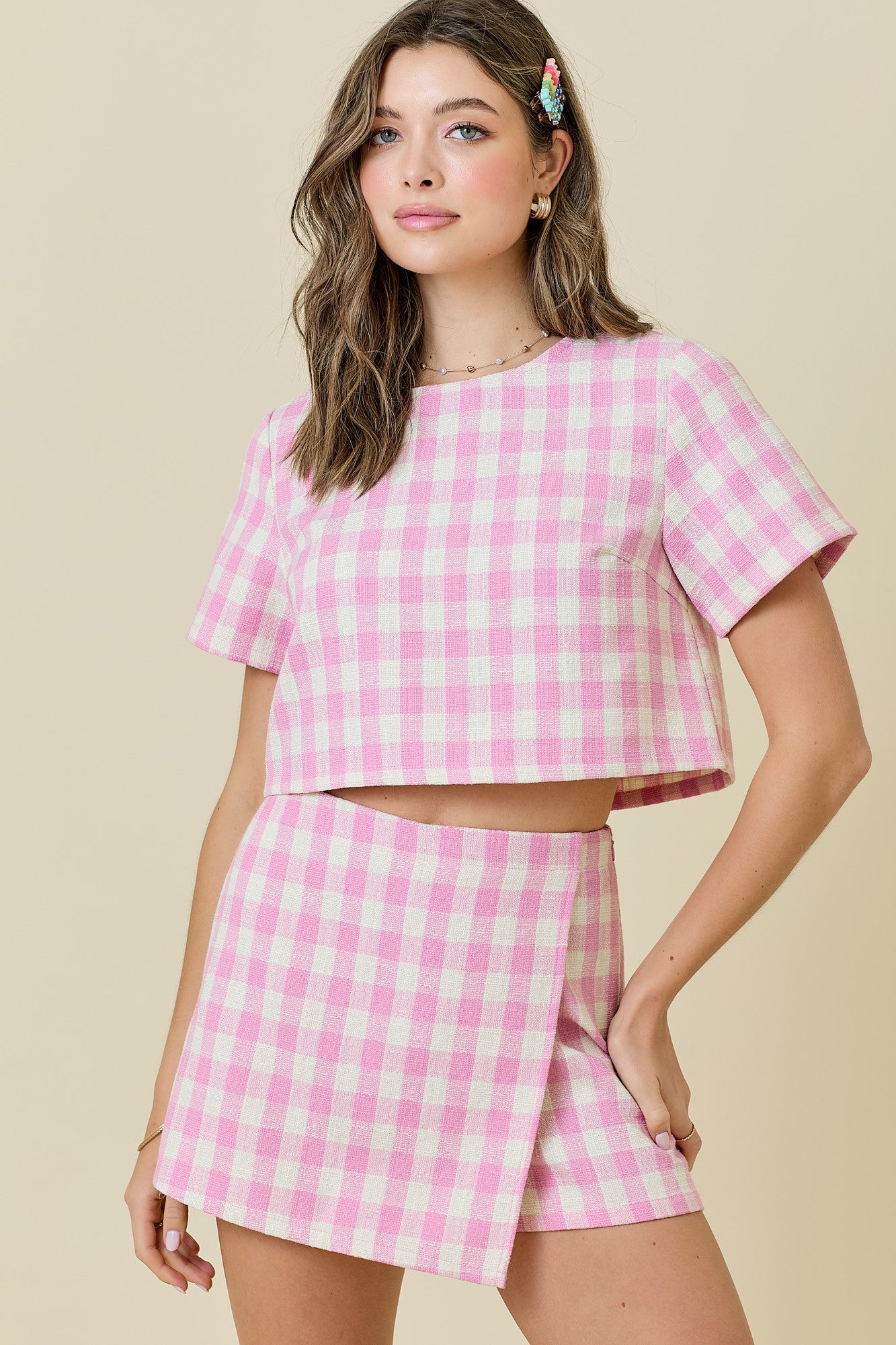 Abigail Gingham Tweed Set- Pink
