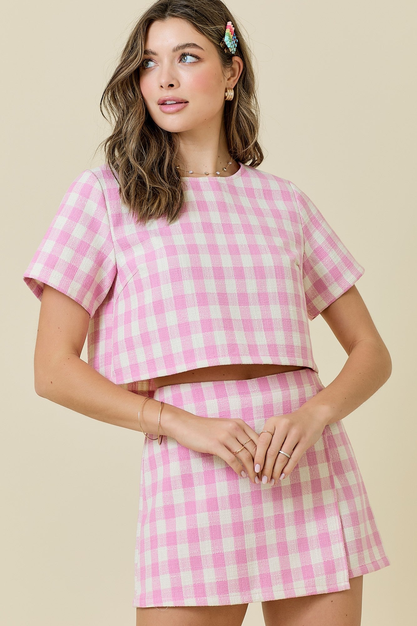 Abigail Gingham Tweed Set- Pink