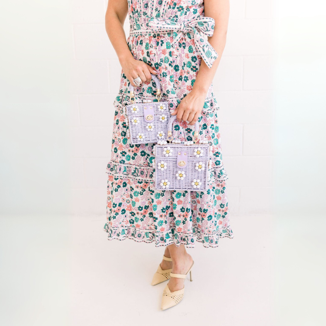 Wicker Bucket Daisy Flower Purse: Cream + Pearl Daisy / Large