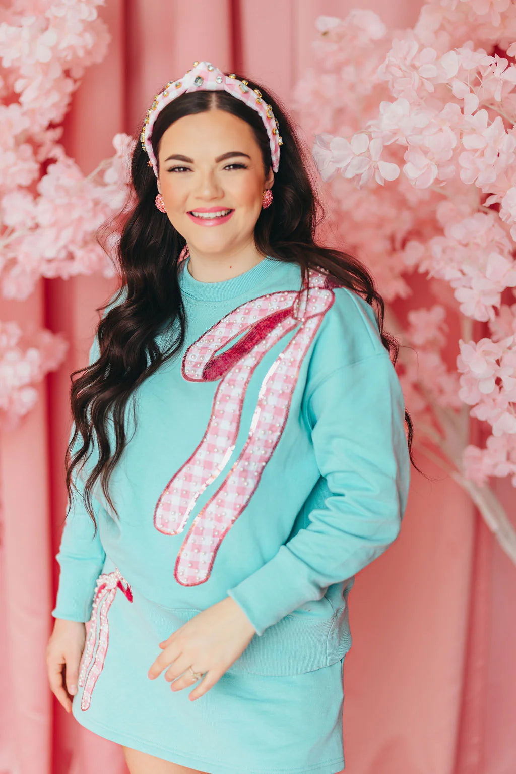 BC Headband- Pink Gingham Headband with Robin Egg Blue Crystals