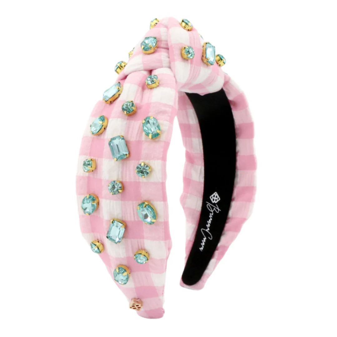 BC Headband- Pink Gingham Headband with Robin Egg Blue Crystals