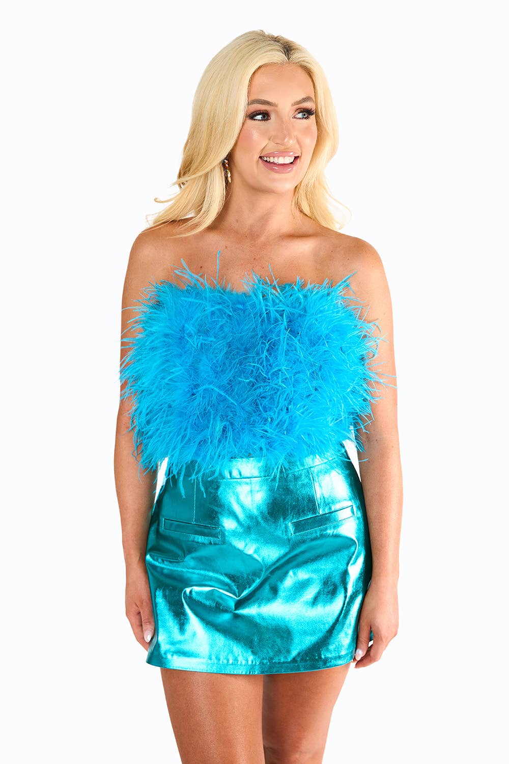 Fancy Girl Blue Strapless Feather Top