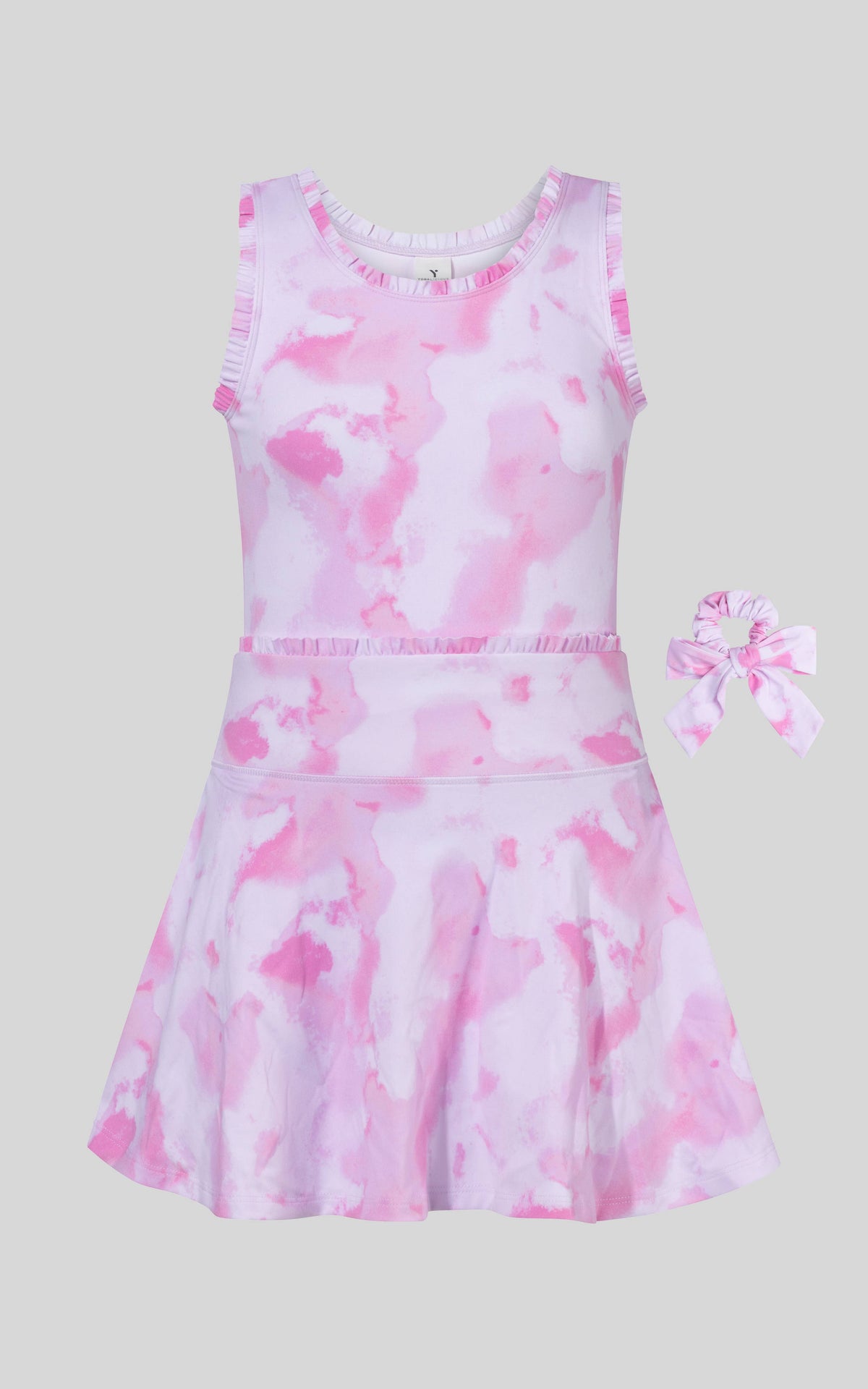 Girls- Lettuce Ruffle Edge Tank, Skort, Scrunchie Set- Tie Dye Fuschia