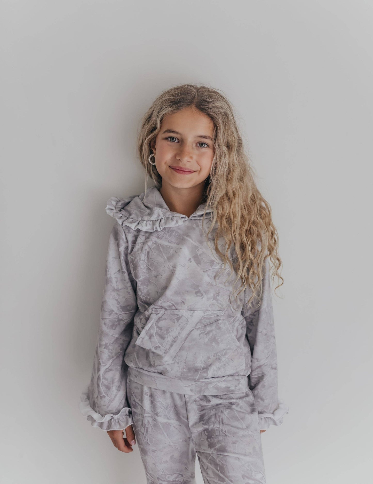 Girls Light Gray Camo Ruffle Lounge Set