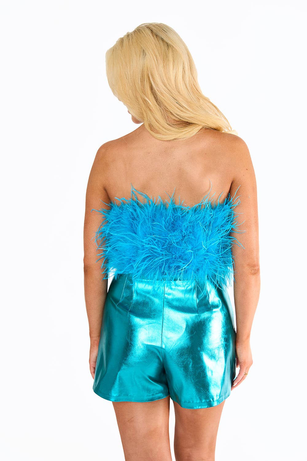 Fancy Girl Blue Strapless Feather Top