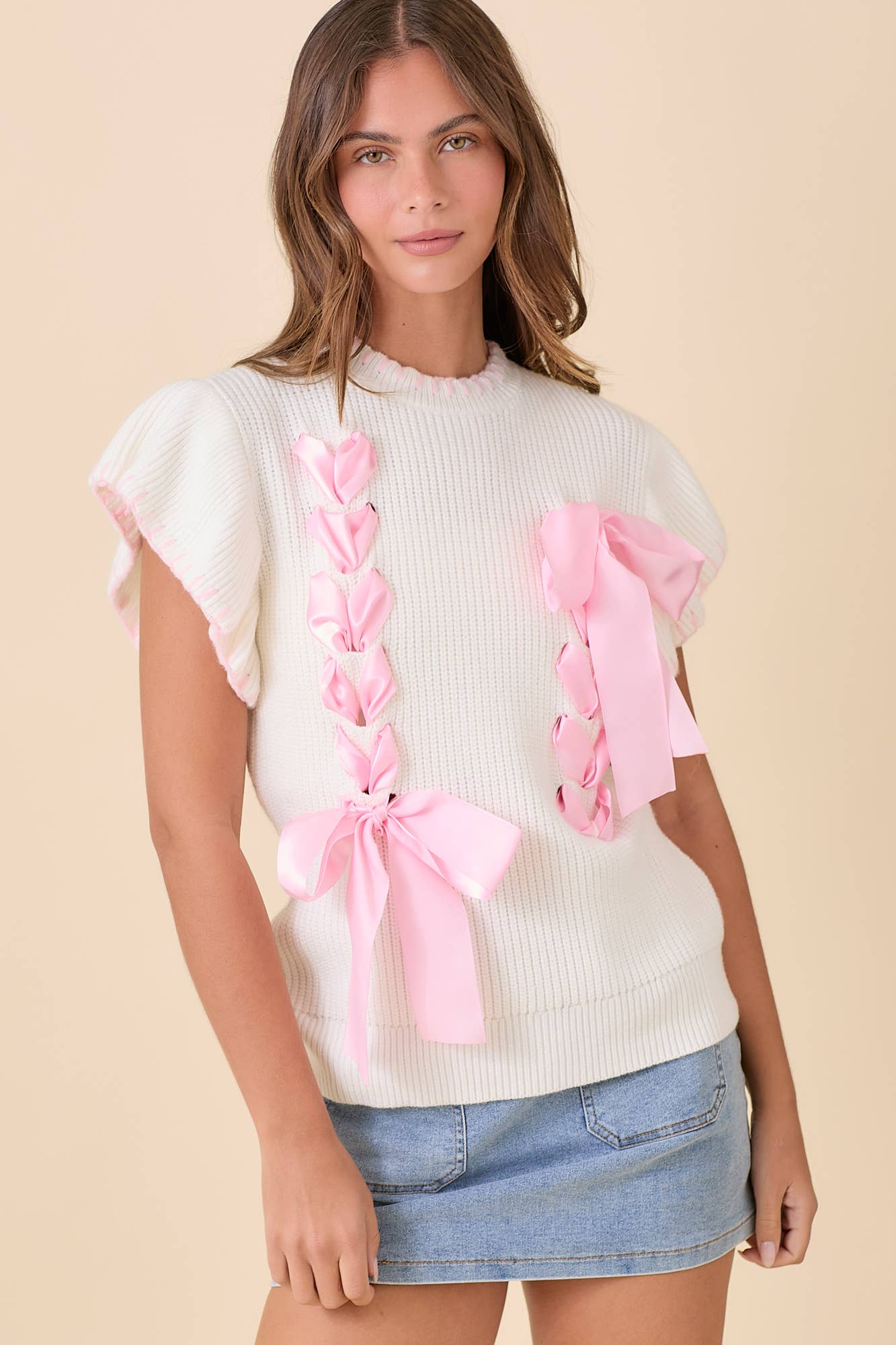 Mon Cherie Sweater Top- White/Pink