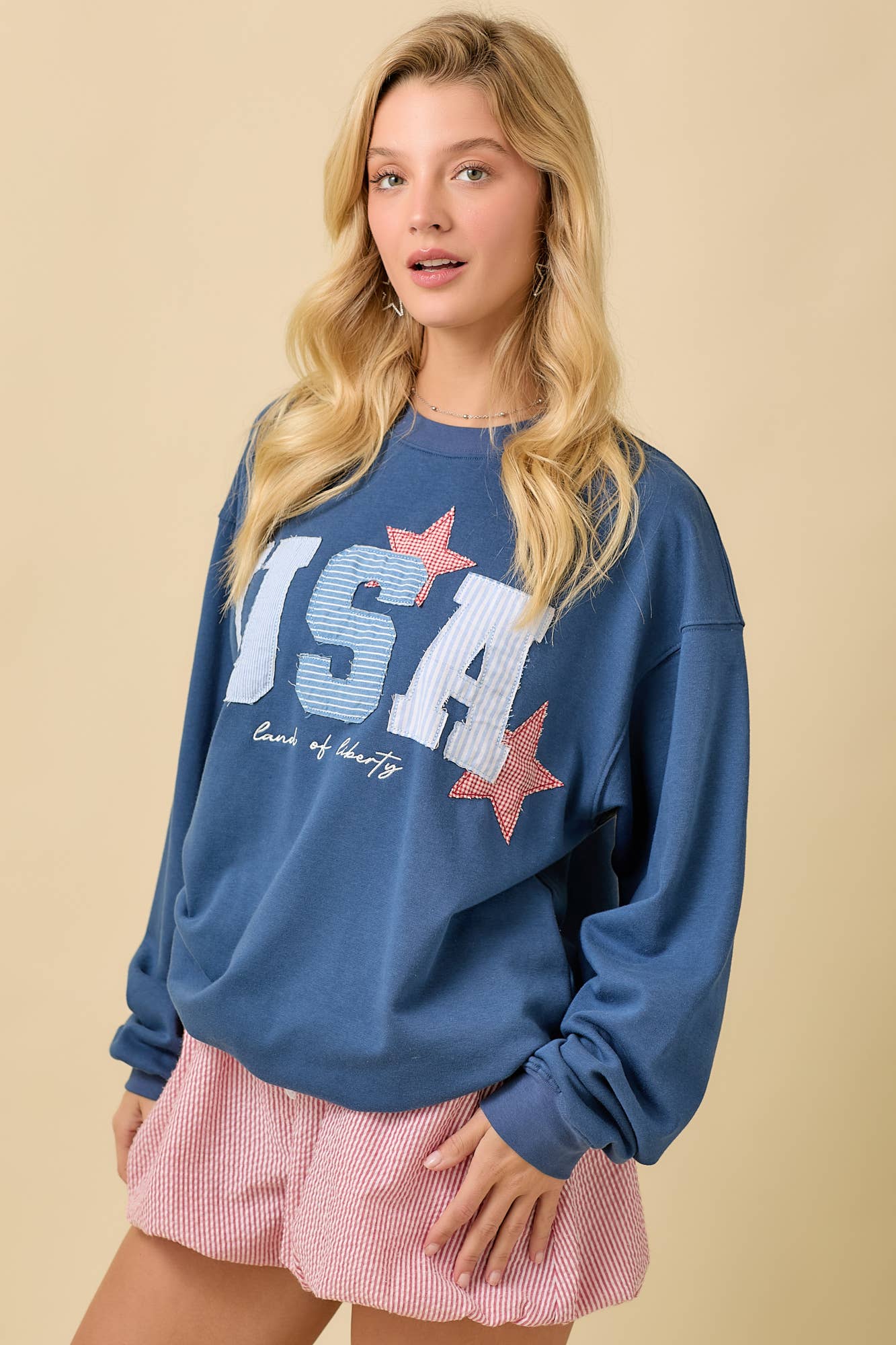USA Patchwork Oversized Crewneck Lightweight Sweatshirt
