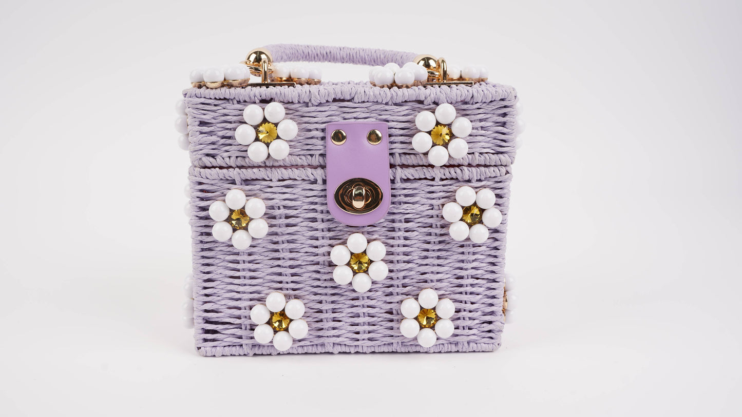 Wicker Bucket Daisy Flower Purse: Cream + Pearl Daisy / Large