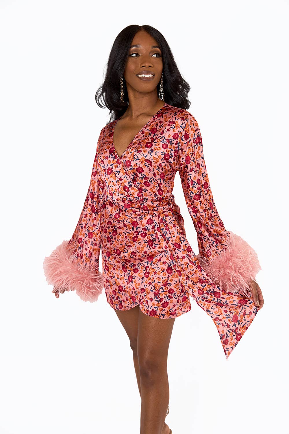 Anisa Dragonfruit Pink Feather Cuff Mini Dress