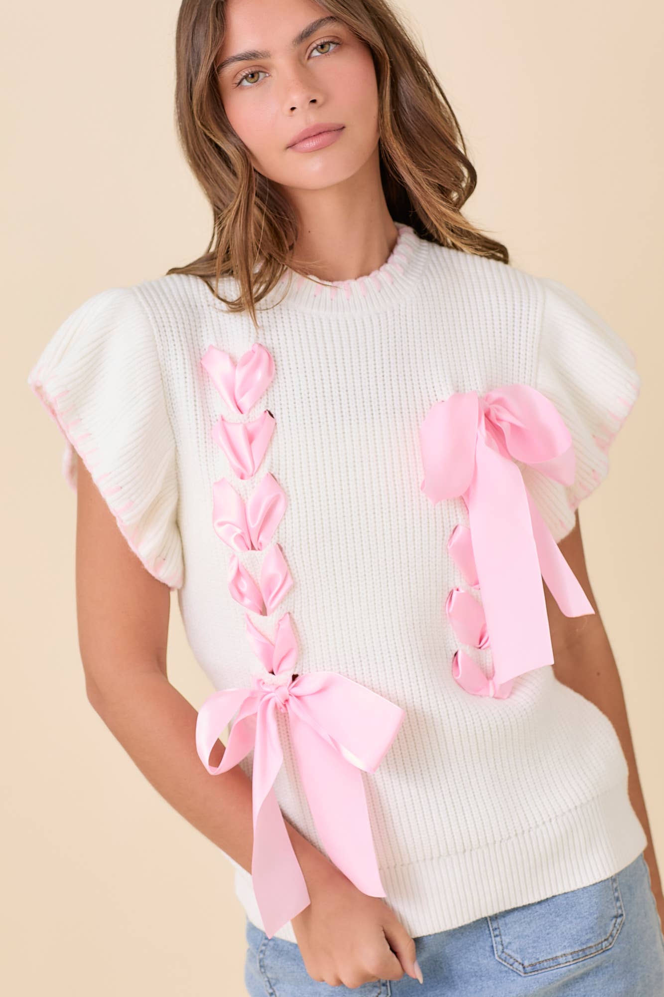 Mon Cherie Sweater Top- White/Pink