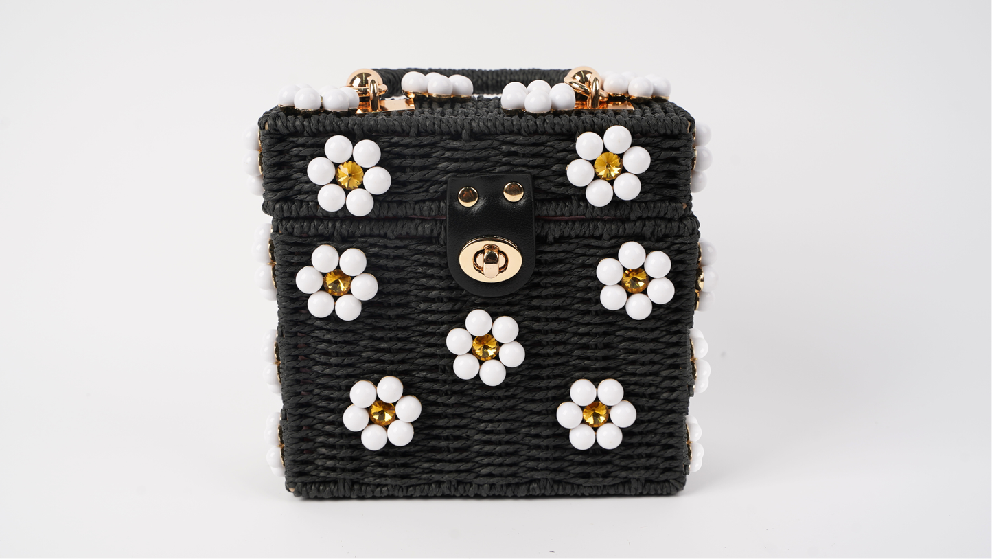 Wicker Bucket Daisy Flower Purse: Cream + Pearl Daisy / Large