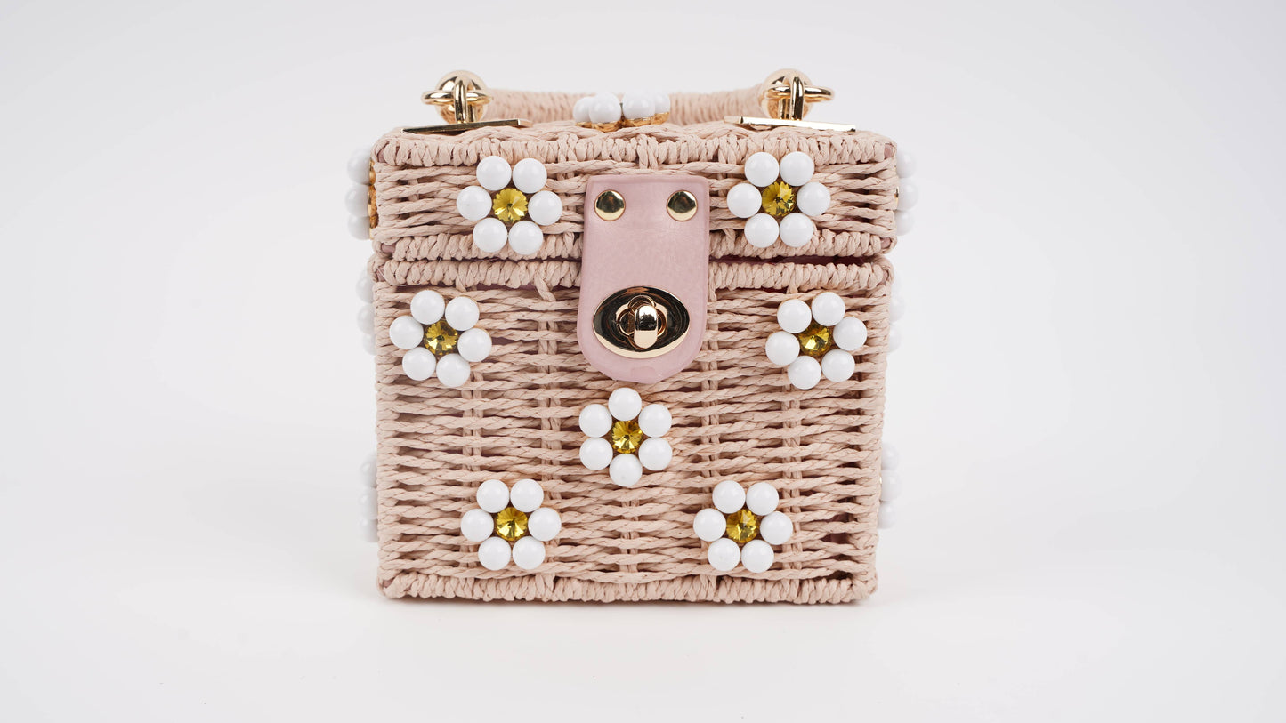 Wicker Bucket Daisy Flower Purse: Cream + Pearl Daisy / Large