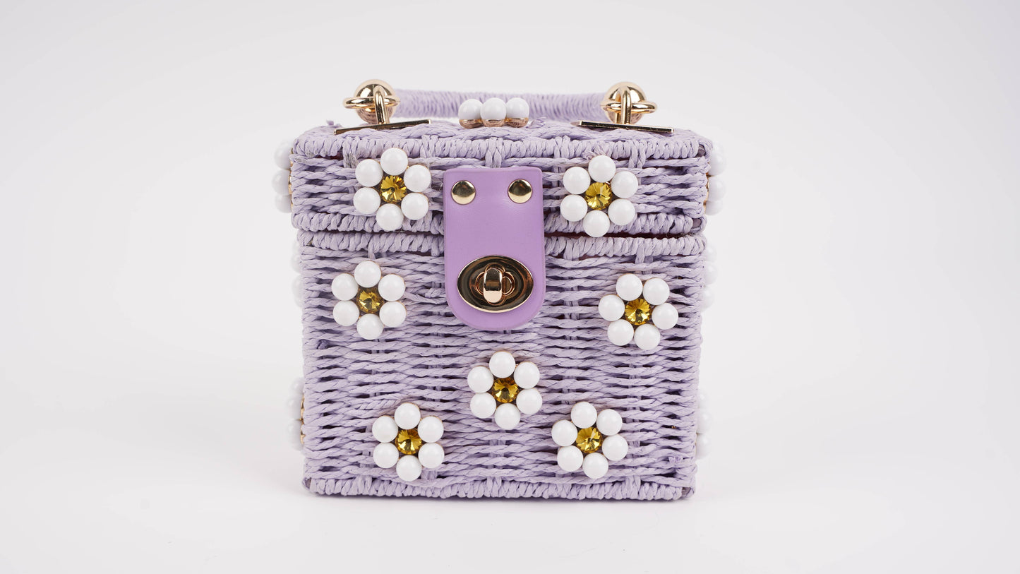 Wicker Bucket Daisy Flower Purse: Cream + Pearl Daisy / Large