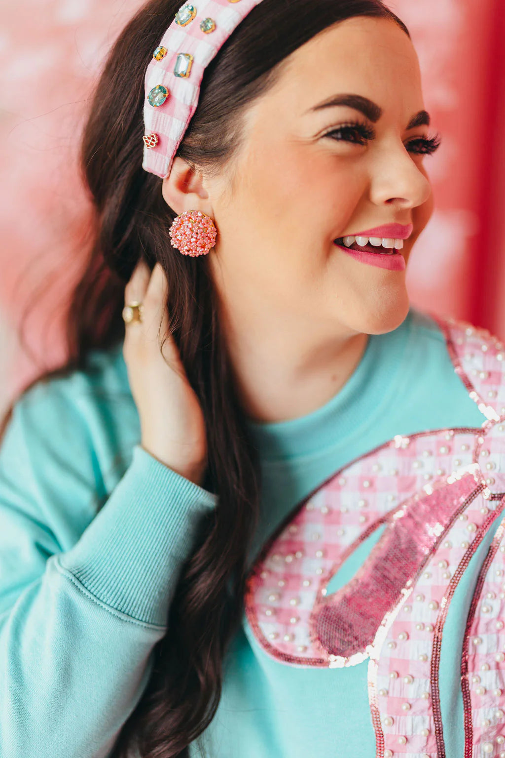 BC- Robin Egg Blue Sweatshirt with Pink Gingham Bow