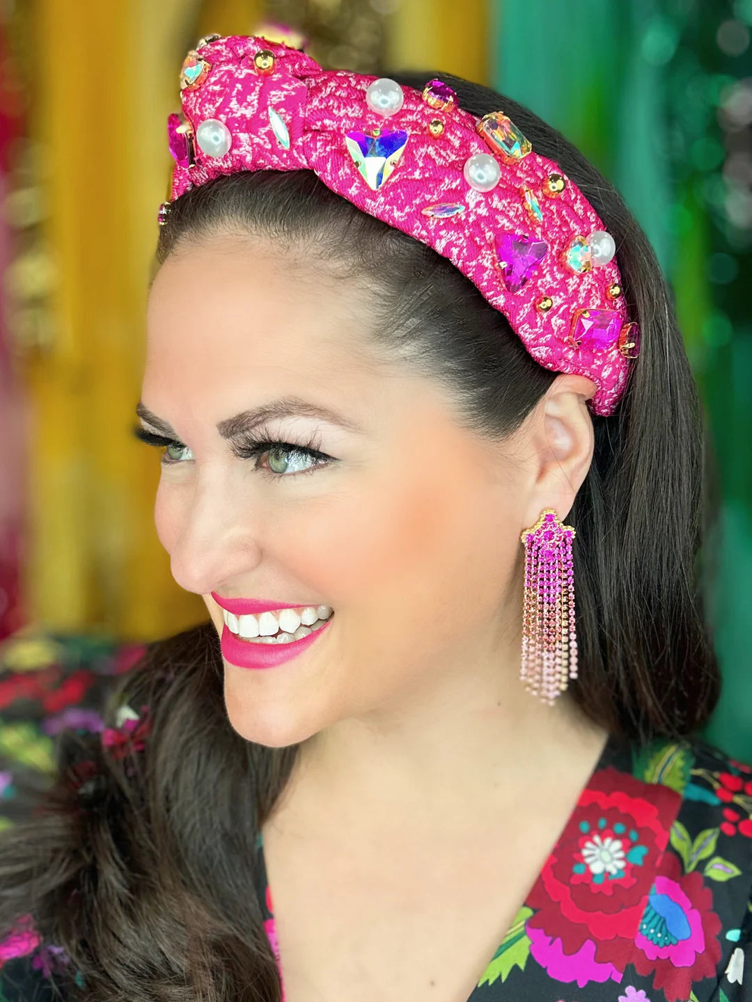 BC- Pink Textured Headband with Crystals and Pearls