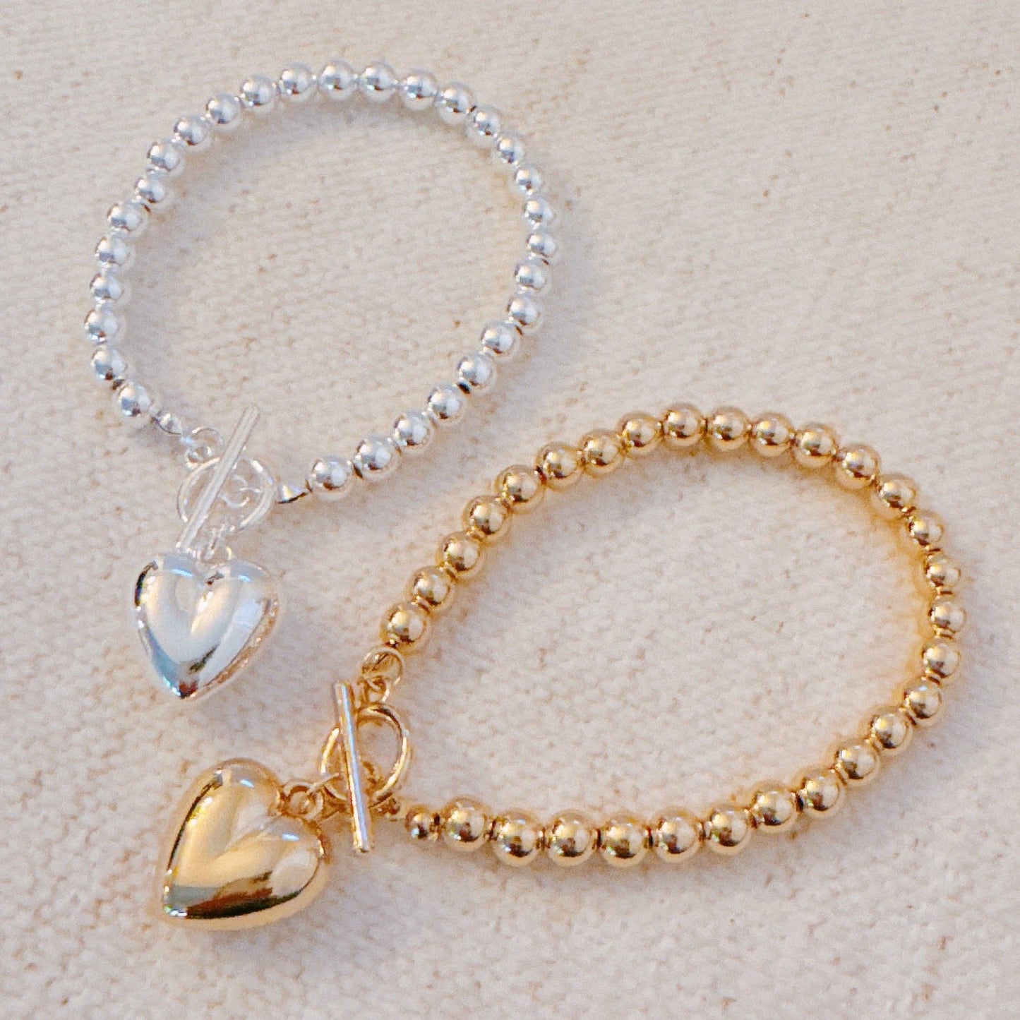 Ball Beads Dangle Heart Toggle Bracelet: Gold