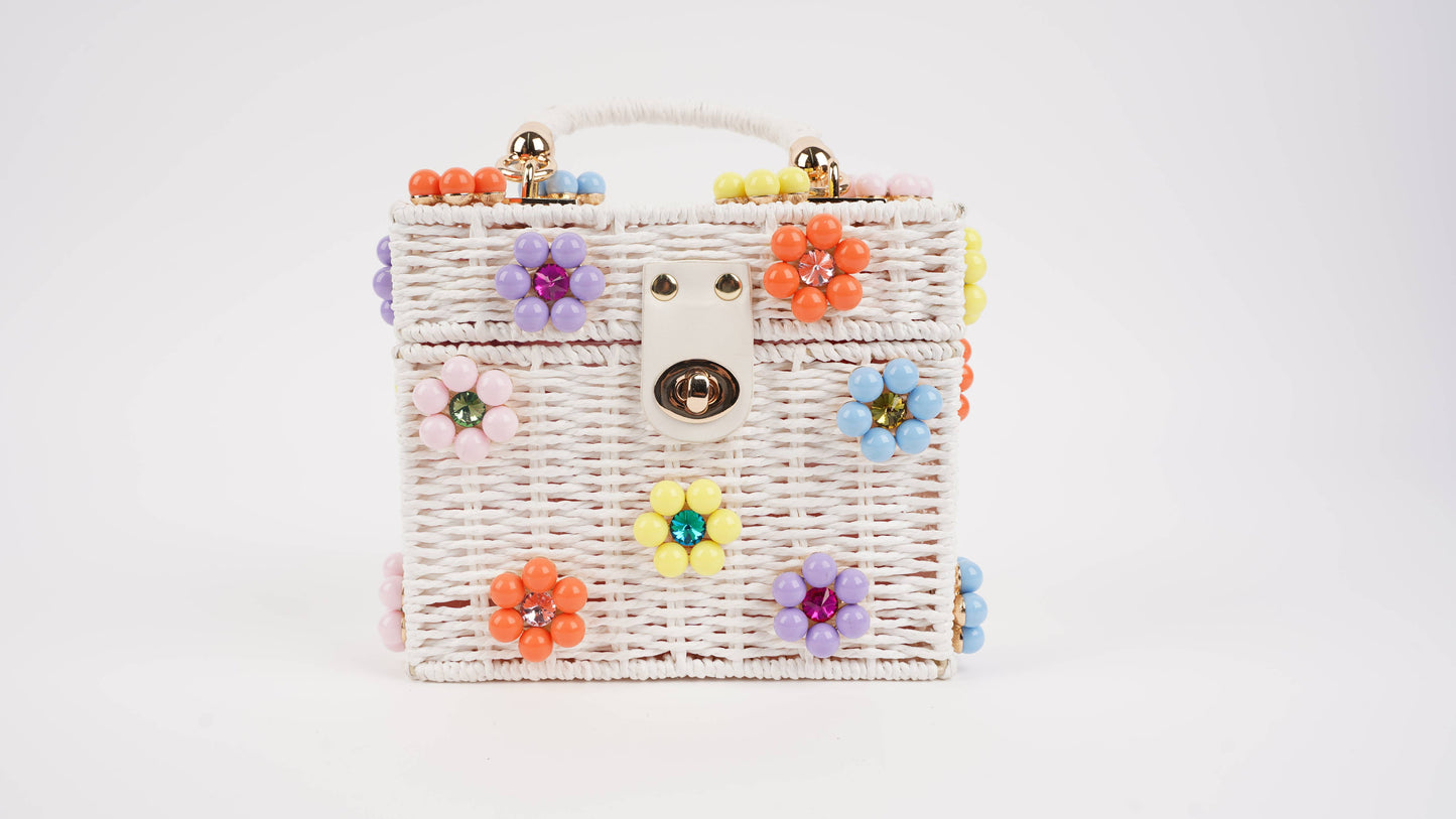Wicker Bucket Daisy Flower Purse: Cream + Pearl Daisy / Large