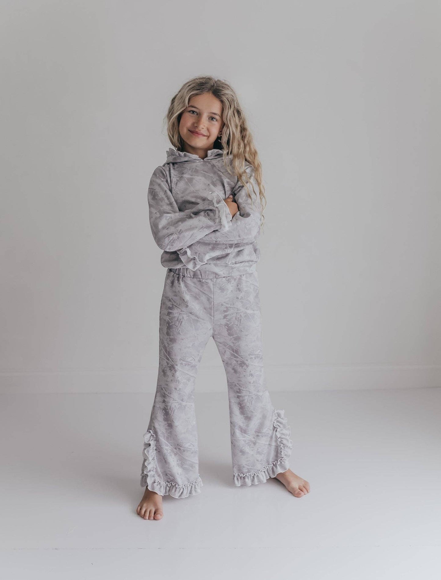Girls Light Gray Camo Ruffle Lounge Set