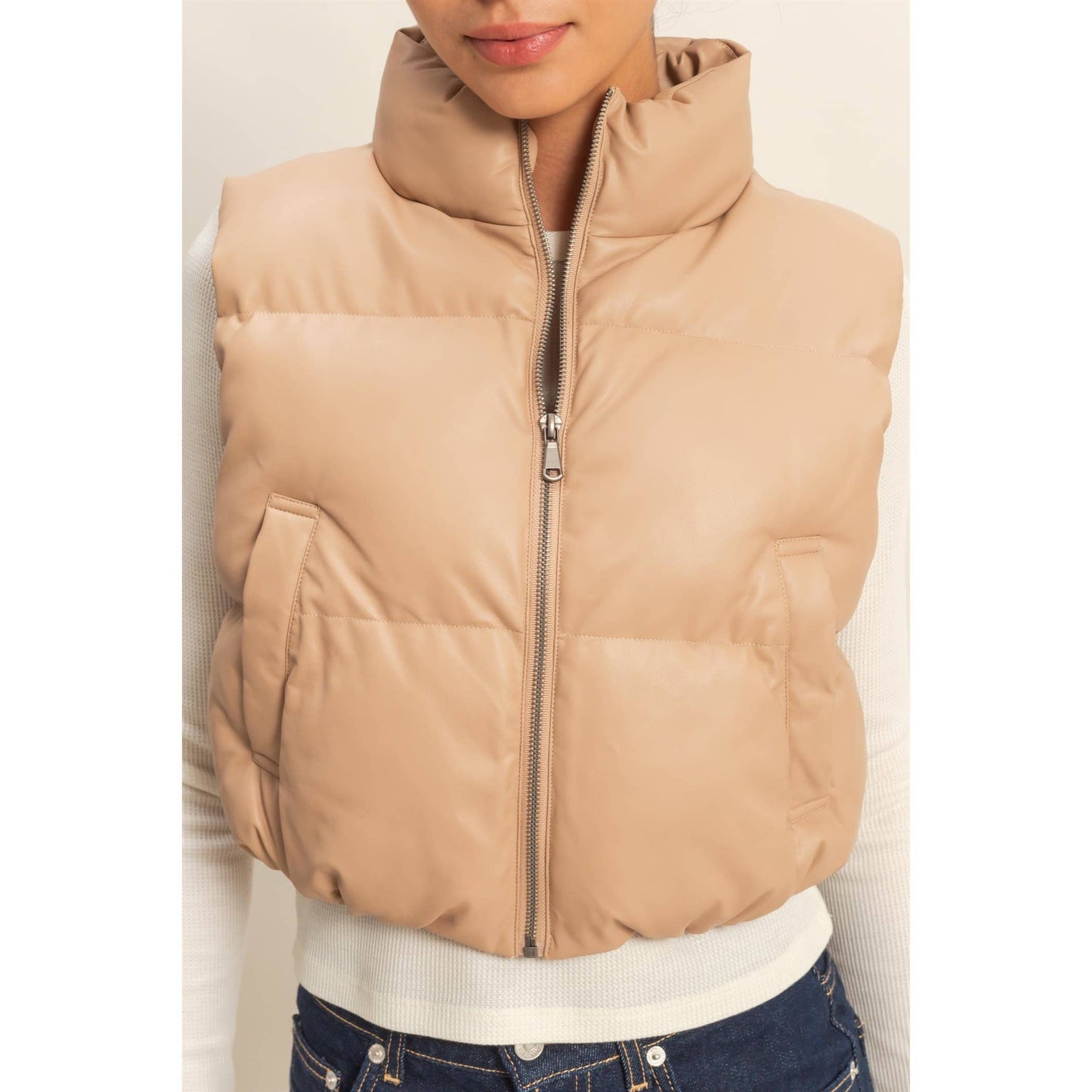 Olga Faux Leather Crop Vest- Chestnut