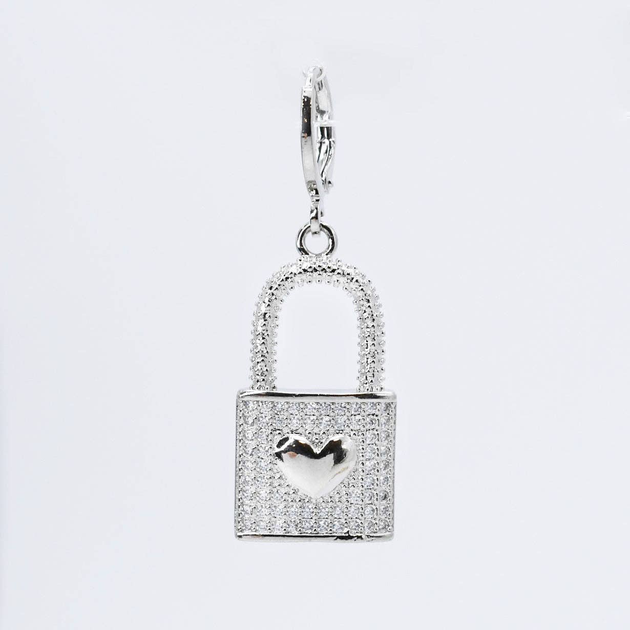 Lock Crystal Heart Charm Silver