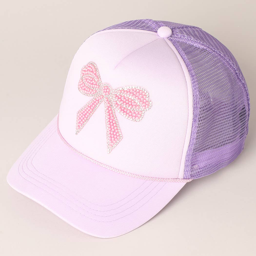 Rhinestone Bow Patch Trucker Hat: Lavender