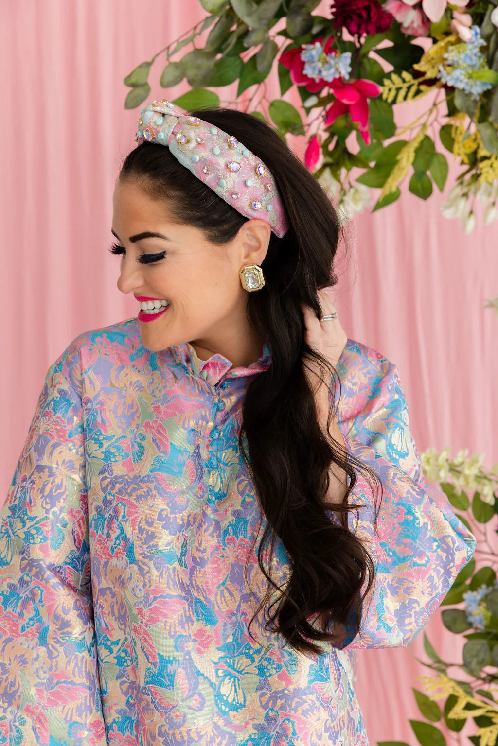 BC- Pink and Blue Brocade Headband with Crystals and Stones