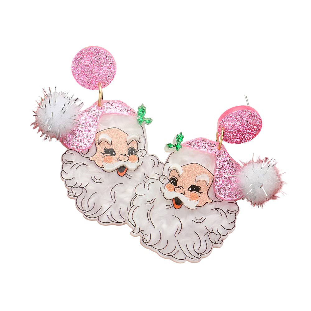 Glitter Resin Pom Santa Dangle Earrings: Pink
