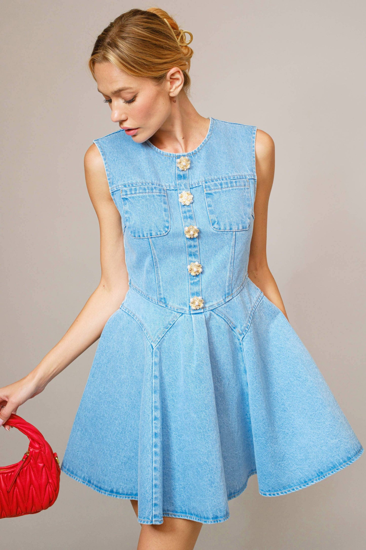 Bejeweled Denim Flare Dress