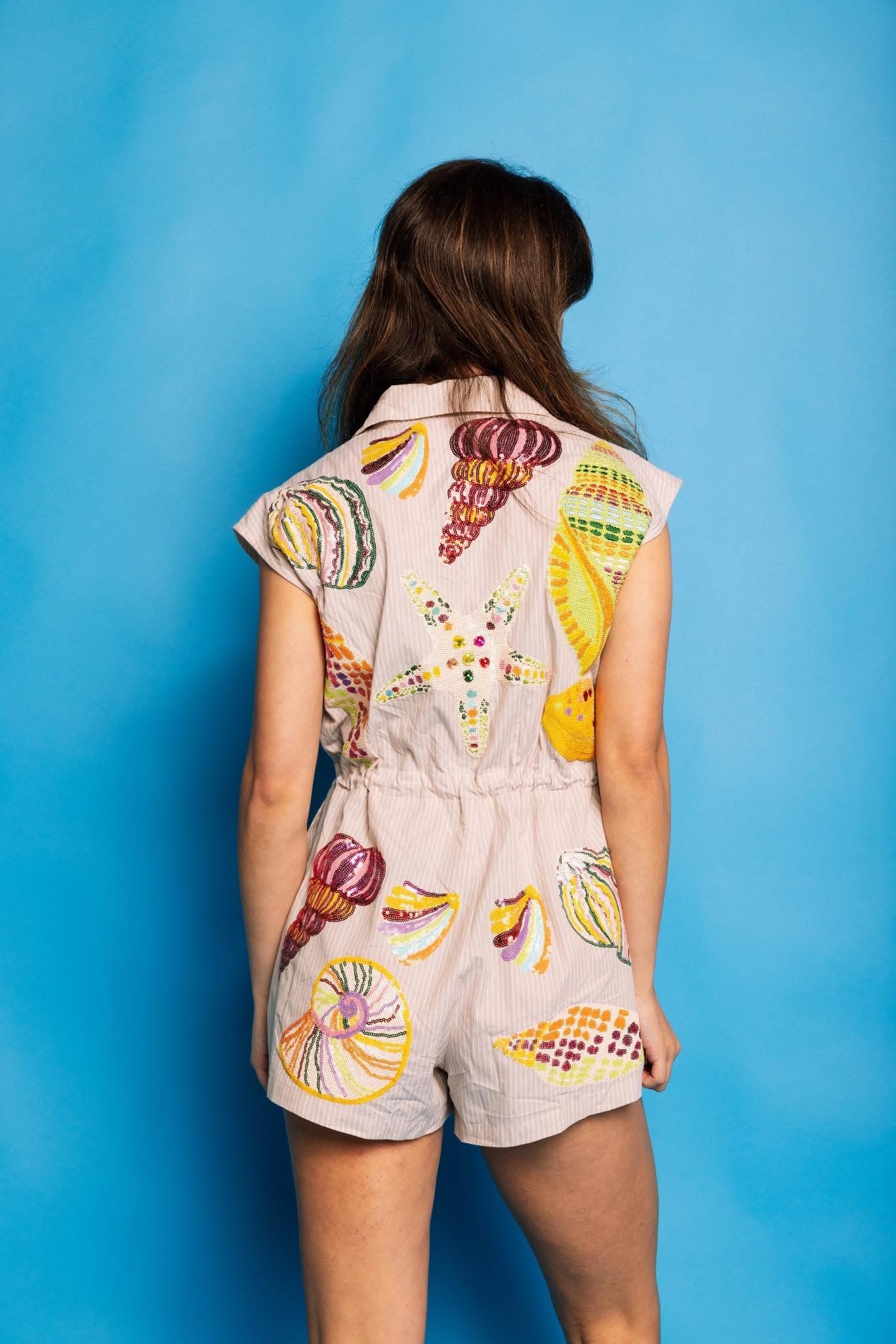 QOS Tan Stripe Multi Shell Tie Romper