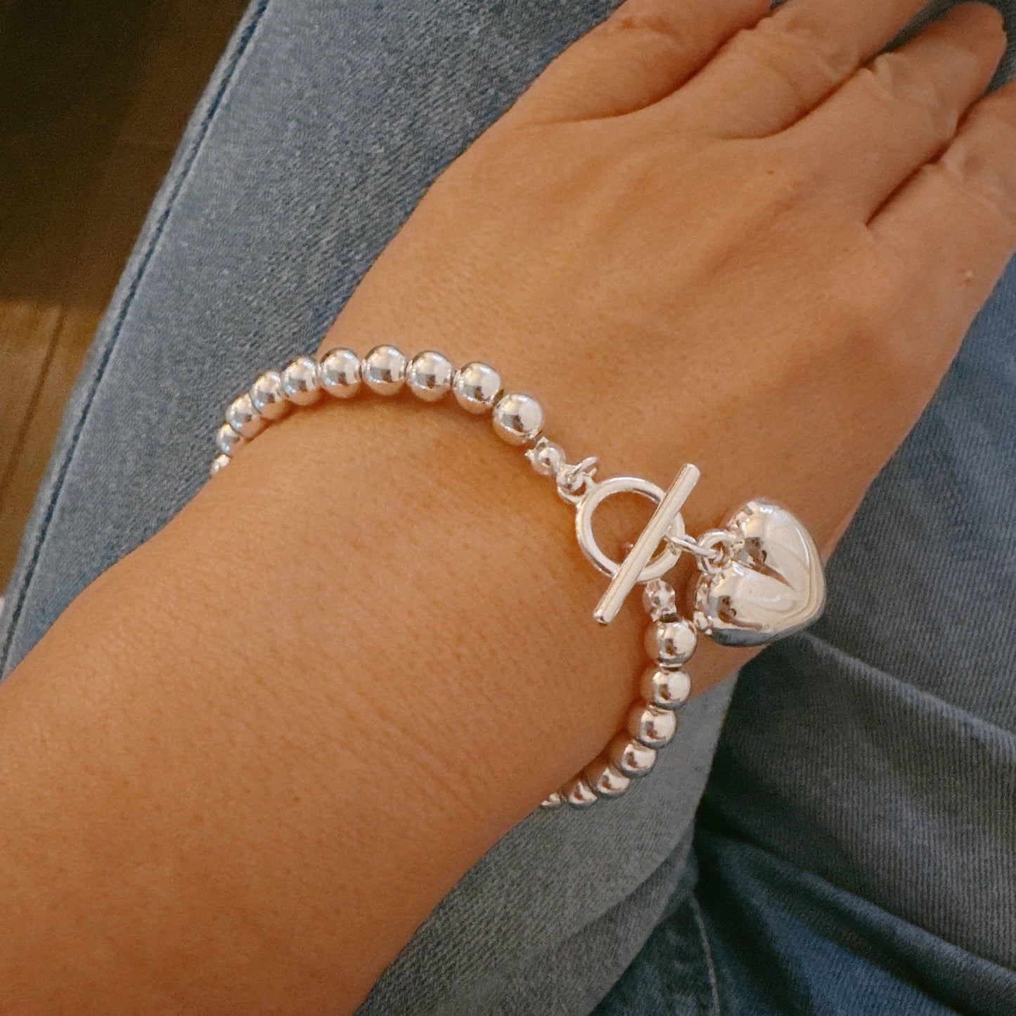 Ball Beads Dangle Heart Toggle Bracelet: Silver