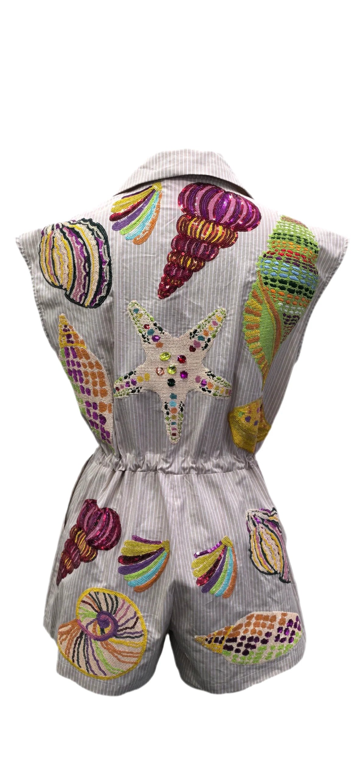 QOS Tan Stripe Multi Shell Tie Romper