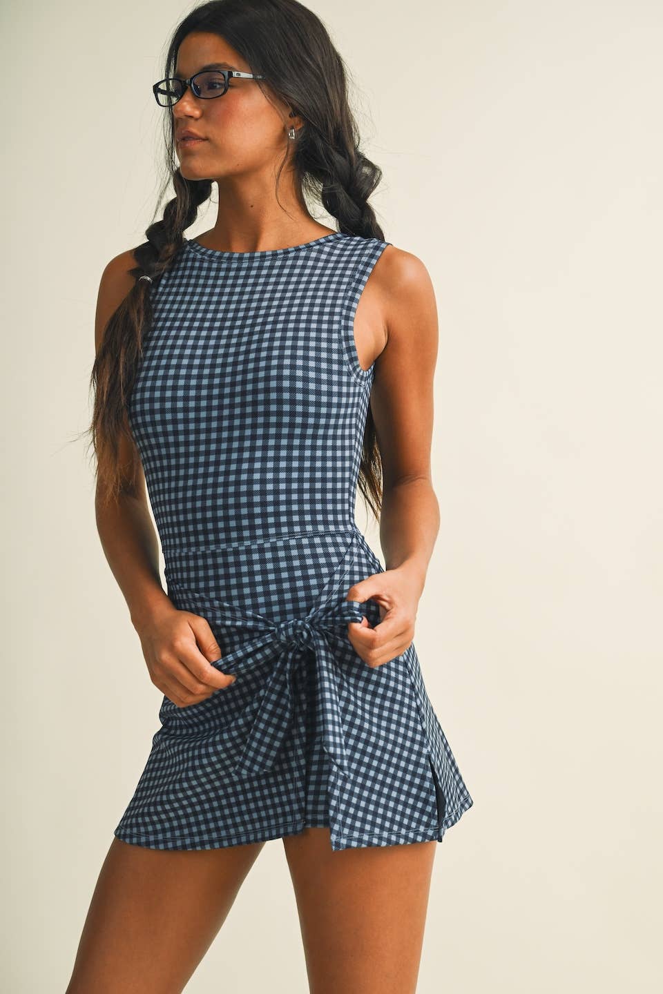 Sleeveless Wrap Tie Front Dress-Dusty Blue Navy Gingham