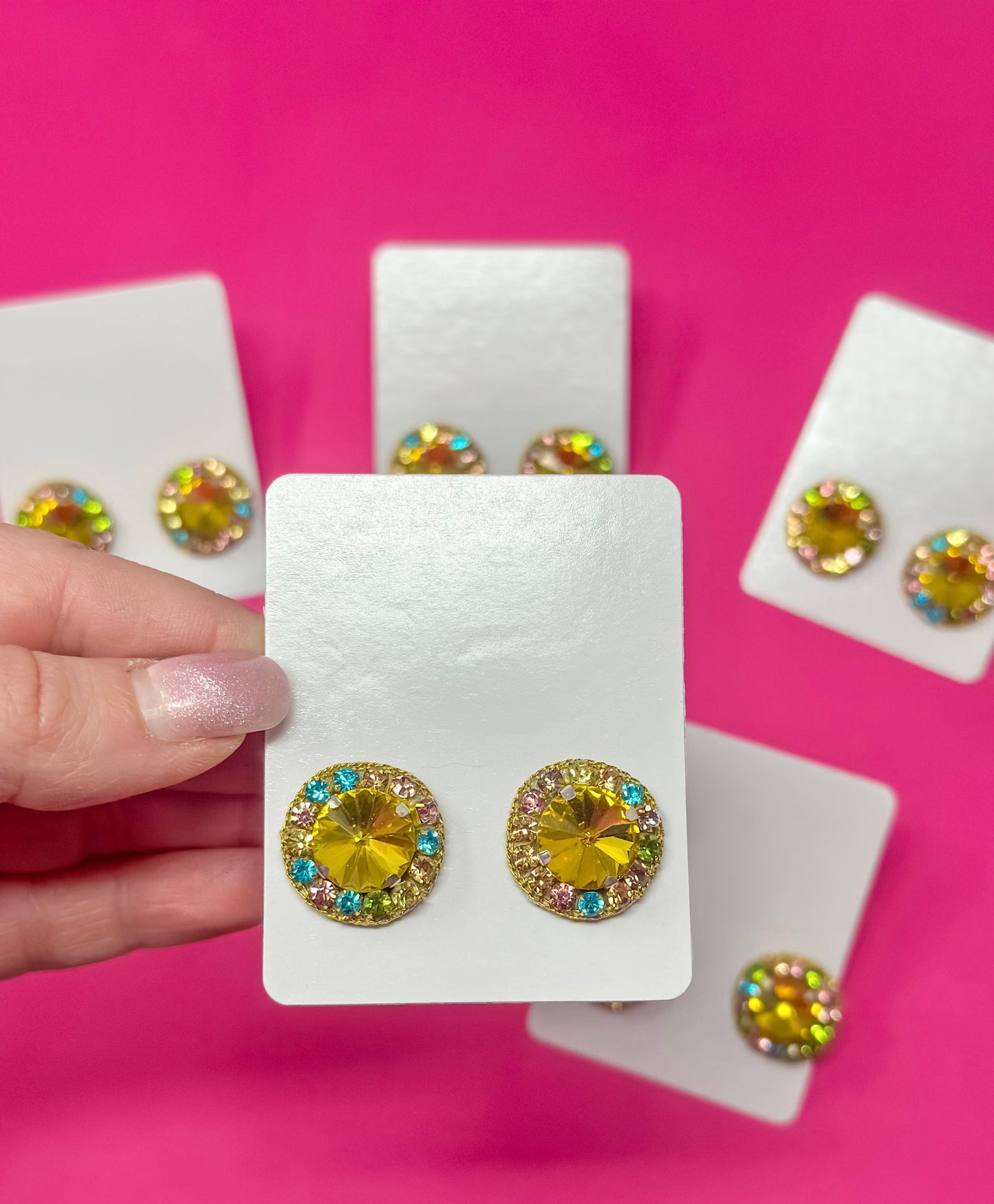 Statement Stud Earrings - Yellow with Multi Stone