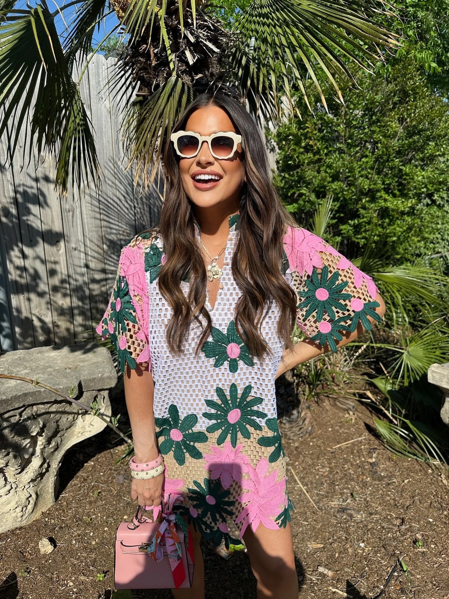 Lulu Short Sleeve Mini Caftan- Pink Lady