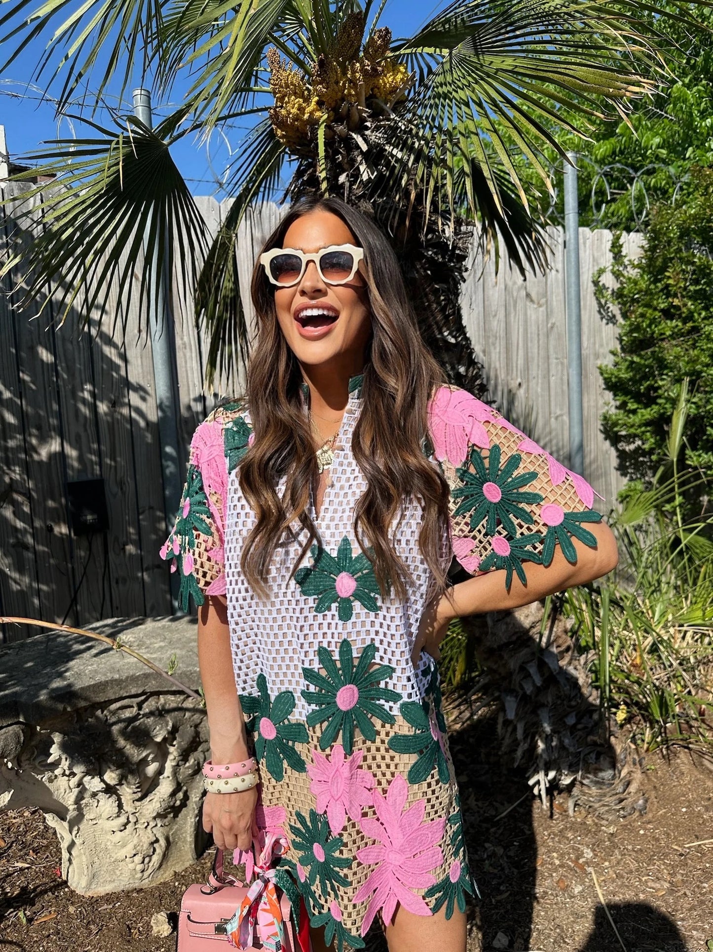 Lulu Short Sleeve Mini Caftan- Pink Lady