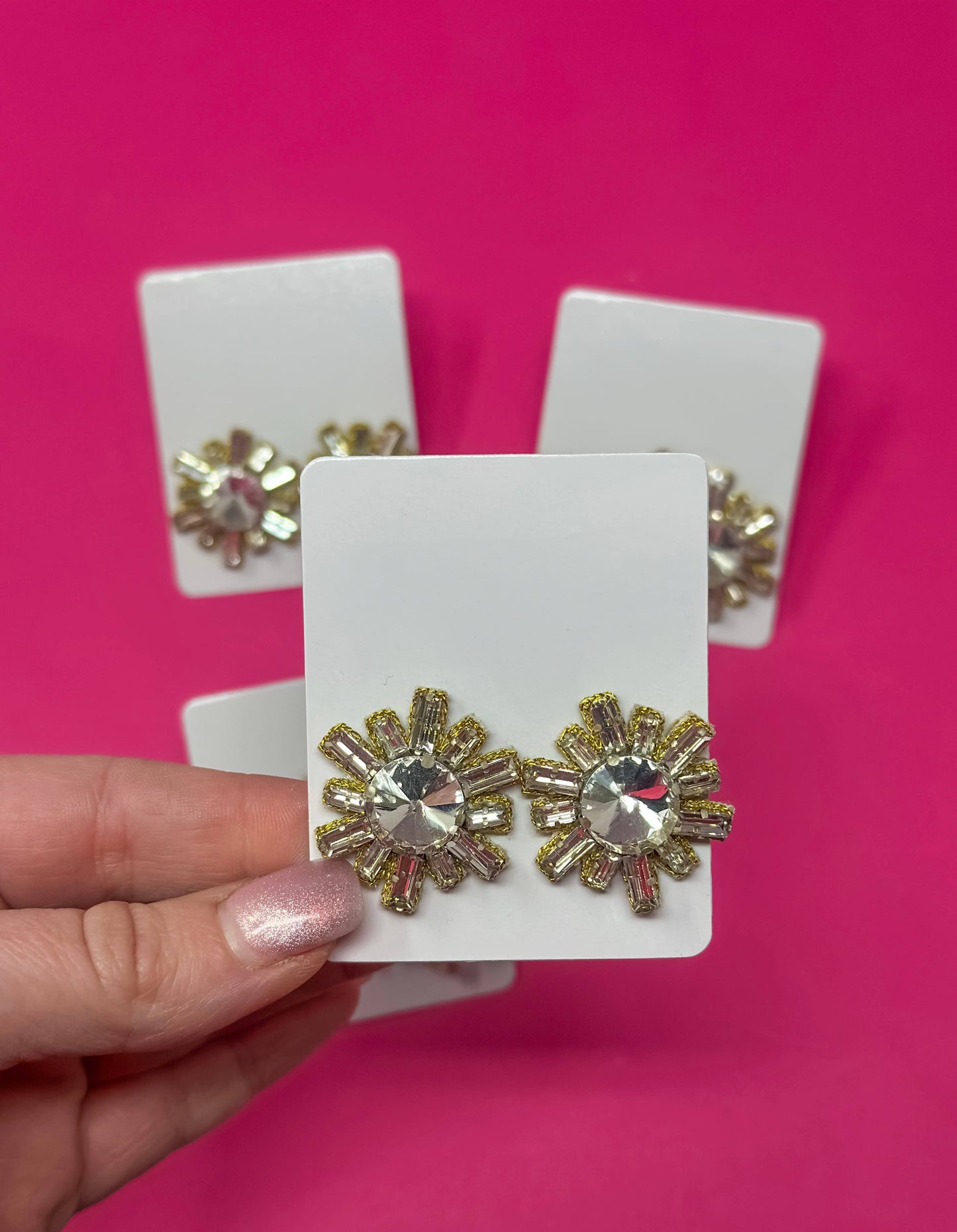 Rhinestone Burst Stud Earrings - Silver