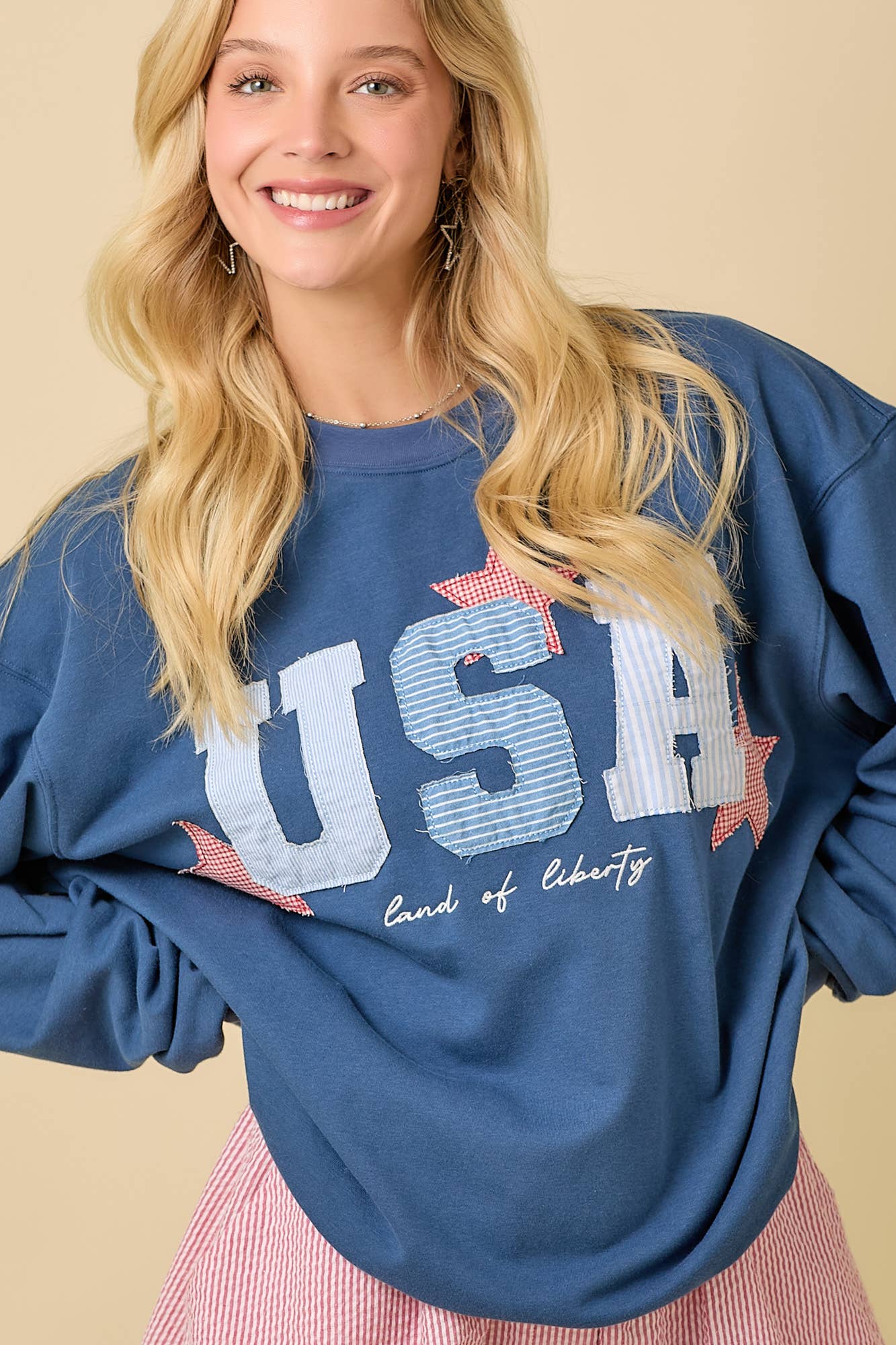 USA Patchwork Oversized Crewneck Lightweight Sweatshirt