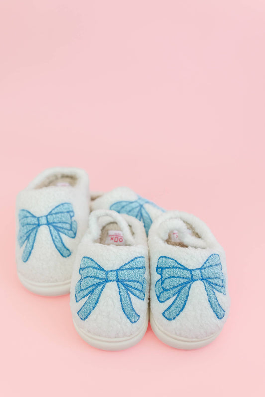Kids Fuzzy Plush Slippers with Blue Bow