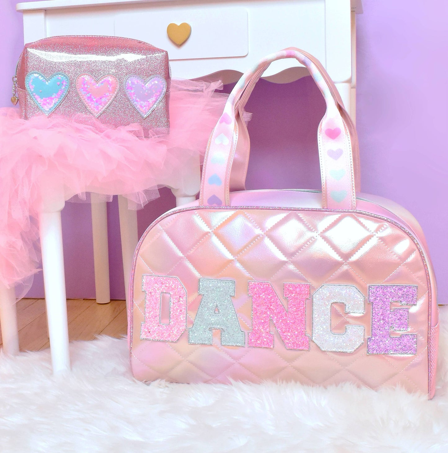 'Dance' Metallic Quilted Medium Duffle Bag- Light Pink