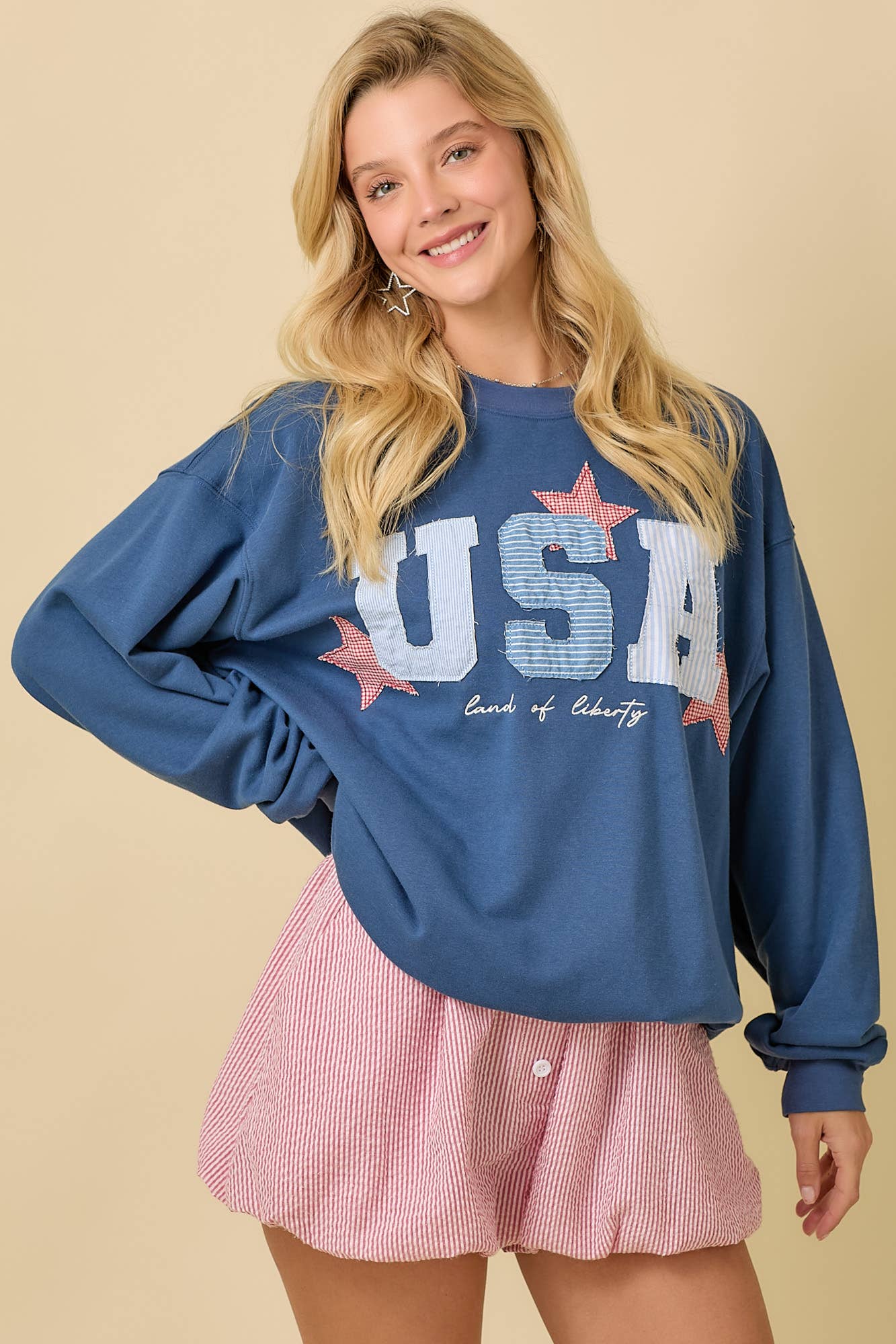 USA Patchwork Oversized Crewneck Lightweight Sweatshirt