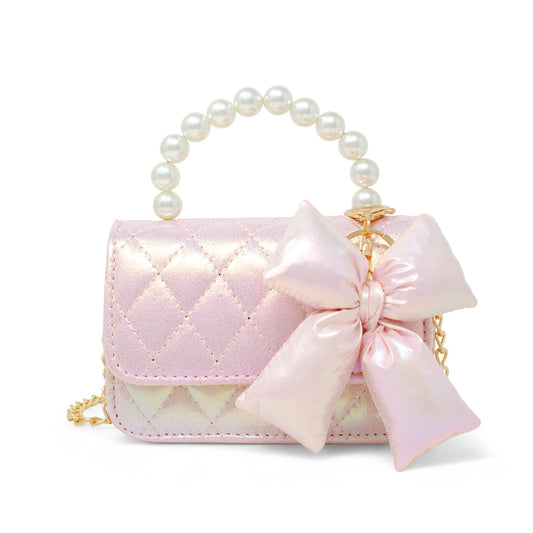Girls Shiny Quilted Fluffy Bow Handbag: Pink